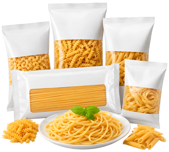 Variedades de pastas largas y cortas fabricadas por una industria de alimentos en Ecuador para consumo masivo, maquila de alimentos y exportaciones.
